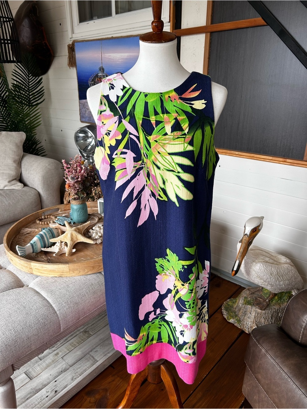 Taylor Tropical Floral Shift Dress Navy Pink Green Sleeveless Size 10
